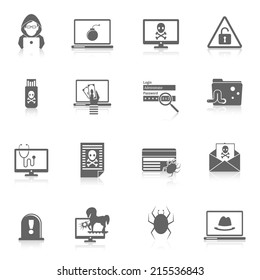 Hacker and computer security protection technology black icons set isolated vector illustration