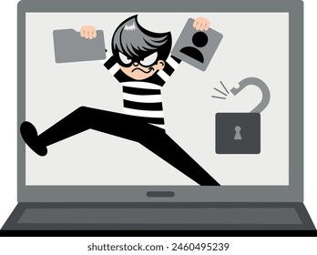 Hacker computer thief stole icon and file and jumps out with theft from open laptop next to hacked lock Vector