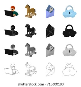 Hacker and computer, Trojan horse, envelope and key, cloud under lock. Hacker and hacking set collection icons in cartoon black monochrome outline style vector symbol stock illustration web.
