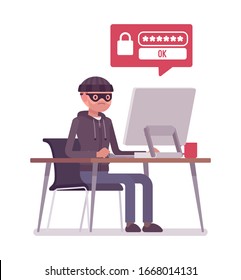 Hacker with computer trying to gain unauthorized access to data. Masked male criminal attacking private information, banking online, password security concept. Vector flat style cartoon illustration