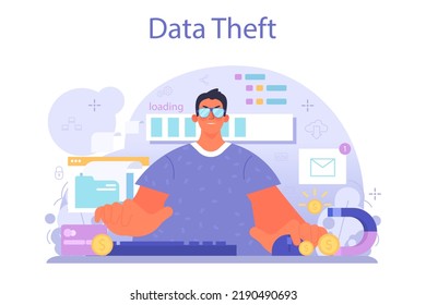 Hacker concept. Cyber attack, thief stealing personal data and money from computer or smartphone. Digital data protection and database safety. Flat vector illustration