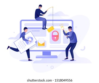 Hacker concept. Stealing digital data from the computer. Thief attack device system. Hacking in the internet. Vector illustration in cartoon style