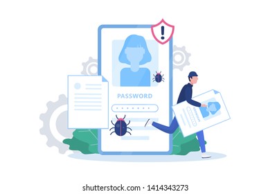 Hacker concept. Thief attack mobile phone, steal personal data and money. Digital security concept. Vector illustration in cartoon style