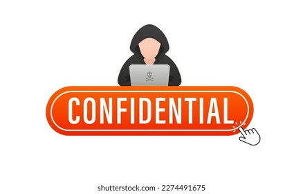 Hacker confidential, Cyber criminal with laptop stealing user personal data. Hacker attack. Internet phishing concept. Hacker in black hood with laptop trying to cyber attack. Vector illustration