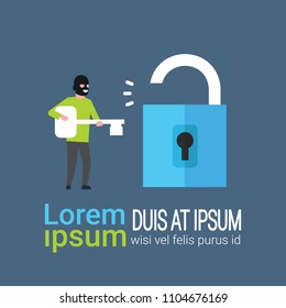 Hacker Crack Padlock Hold Key In Hands Hacking Private Database Cyber Security Concept