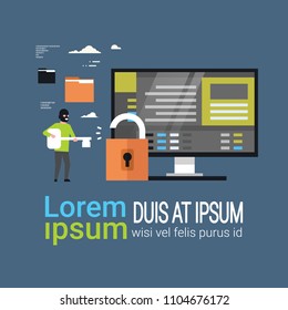 Hacker Crack Padlock Hold Key In Hands Hacking Private Database Monitor Cyber Security Concept Flat