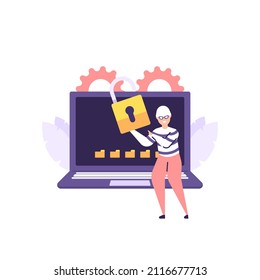 hacker, cracker, hijacker, criminal. illustration of a mysterious person hacking a system on a laptop. data theft, information breaches, hacking security systems. flat cartoon style. vector concept