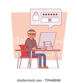 Hacker cracking computer password. Man trying to create algorithms, finding possible combination, to hack into a computer and steal secret data. Vector line art illustration