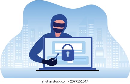 Hacker crime attack and personal data security, PDPA concept. Hacker try to unlock the key on computer and phishing account, stealing password. cyber security, security system and Internet crime 