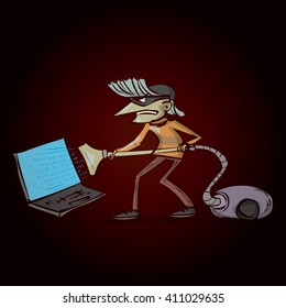 Hacker criminal activity crack, spam, stealing money ,account password, personal data. Hand drawn cartoon illustration.