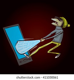 Hacker criminal activity crack, spam, stealing money ,account password, personal data. Hand drawn cartoon illustration.