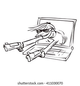 Hacker criminal activity crack, spam, stealing money ,account password, personal data. Hand drawn cartoon illustration.