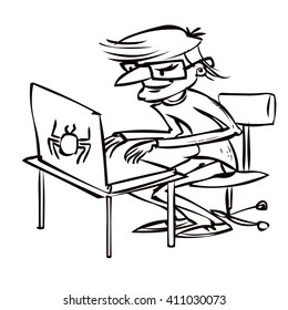 Hacker criminal activity crack, spam, stealing money ,account password, personal data. Hand drawn cartoon illustration.