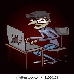 Hacker criminal activity crack, spam, stealing money ,account password, personal data. Hand drawn cartoon illustration.