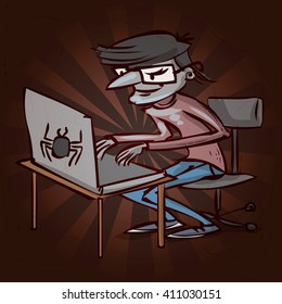 Hacker criminal activity crack, spam, stealing money ,account password, personal data. Hand drawn cartoon illustration.