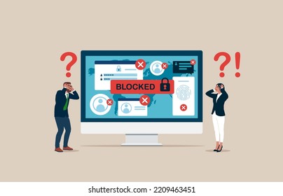 Hacker Cyber Attack, Censorship or Ransomware Activity Security. Businessman and woman at Huge Computer Monitor Surprised with Blocked Account on Screen. Flat vector Illustration.