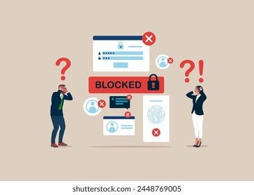 Hacker Cyber Attack, Censorship or Ransomware Activity Security. Business people at Surprised with Blocked Account on Screen. Flat vector Illustration.