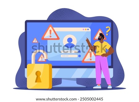 Hacker cyber attack. Man near computer monitor and open lock. Theft of personal data, logins and passwords. Account hacking and danger on Internet. Virus at pc. Flat vector illustration