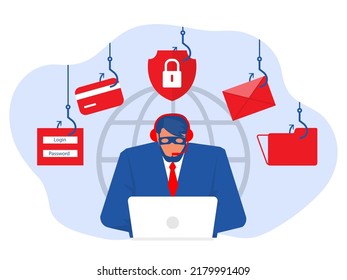 Hacker Cyber Attack,call Centre Hacker Stealing Personal Information. Hacker Unlock Information, Steal And Crime Computer Data. Illustration.