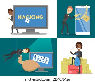 Hacker and cyber crime concept set. Virus attack on smartphone or computer. Idea of data protection, safety and security. Stolen information. Set of colorful icons. Isolated flat vector illustration