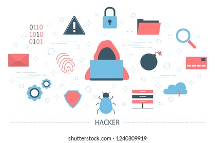 Hacker and cyber crime concept. Virus attack on smartphone or computer. Idea of data protection, safety and security. Stolen information. Set of colorful icons. Isolated flat vector illustration