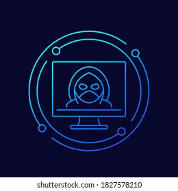 Hacker, icono de vector de línea de delitos informáticos