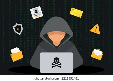 Hacker, cyber criminal with laptop. Hacker in black hood with laptop trying to cyber attack. Hacker and cyber criminals phishing stealing private personal data. Online scam and steal