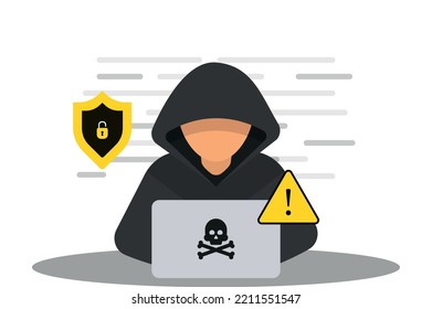 Hacker, cyber criminal with laptop. Hacker in black hood with laptop trying to cyber attack. Hacker and cyber criminals phishing stealing private personal data. Online scam and steal