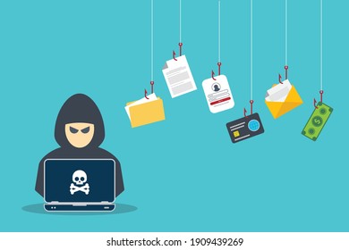 Hacker Cyber criminal with laptop computer stealing user confidential data, personal information and credit card detail. Hacking concept.	Hacker attack and web security.