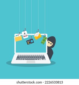 Hacker Cyber criminal with laptop computer stealing user confidential data, personal information and credit card detail. Hacking concept. Hacker attack and web security.