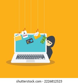 Hacker Cyber criminal with laptop computer stealing user confidential data, personal information and credit card detail. Hacking concept. Hacker attack and web security.