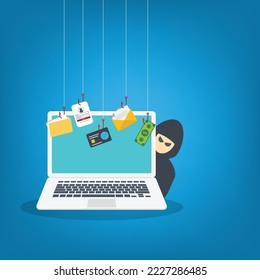 Hacker Cyber criminal with laptop computer stealing user confidential data, personal information and credit card detail. Hacking concept. Hacker attack and web security.