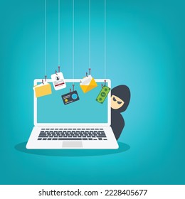 Hacker. Hacker Cyber criminal with laptop computer stealing user confidential data, personal information and credit card detail. Hacking concept. Hacker attack and web security.