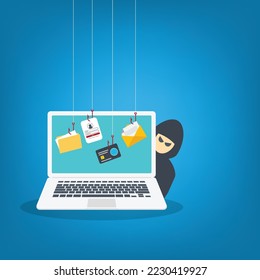 Hacker Cyber criminal with laptop computer stealing user confidential data, personal information and credit card detail. Hacking concept. Hacker attack and web security.