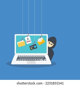 Hacker Cyber criminal with laptop computer stealing user confidential data, personal information and credit card detail. Hacking concept. Hacker attack and web security.