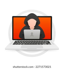 Hacker Cyber criminal con computadora portátil robando datos confidenciales del usuario, información personal. Concepto de hackeo. Hackeo y seguridad en la web. Concepto de phishing de Internet. Ilustración del vector