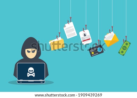 Hacker Cyber criminal with laptop computer stealing user confidential data, personal information and credit card detail. Hacking concept.	Hacker attack and web security. [[stock_photo]] © 