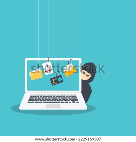 Hacker Cyber criminal with laptop computer stealing user confidential data, personal information and credit card detail. Hacking concept. Hacker attack and web security.