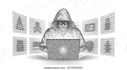 Hacker. Cyber criminal with laptop and related icons behind it. Cyber crime, hacker activity, ddos attack, digital system security, fraud money, cyberattack threat, malware virus alert concept