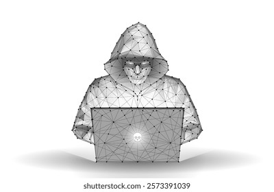 Hacker. Cyber criminal with laptop and related icons behind it. Cyber crime, hacker activity, ddos attack, digital system security, fraud money, cyberattack threat, malware virus alert concept