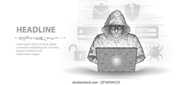 Hacker. Cyber criminal with laptop and related icons behind it. Cyber crime, hacker activity, ddos attack, digital system security, fraud money, cyberattack threat, malware virus alert concept