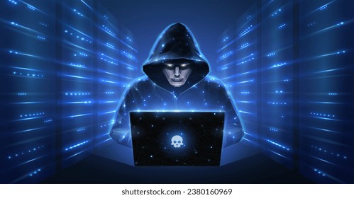 Hacker. Cyber criminal with laptop and server room behind it. Cyber crime, hacker activity, ddos attack, digital system security, fraud money, cyberattack threat, malware virus alert concept