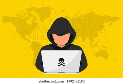 Hacker, Cyber criminal with laptop stealing user personal data. Hacker attack and web security. Internet phishing concept. Man in black hood with laptop trying to cyber attack