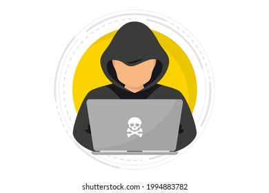 Hacker, cibercriminal con laptop robando datos personales de los usuarios. Ataque hacker y seguridad web. Concepto de phishing de Internet. Hombre de capucha negra con laptop tratando de ciberataque