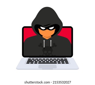 Hacker, Cyber criminal with laptop stealing user personal data. Hacker attack and web security. Internet phishing concept. Hacker in black hood with laptop trying to cyber attack. Programming Code