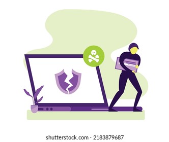 Hacker, Cyber criminal with laptop stealing user personal data. Hacker attack and web security. Internet phishing concept. Hacker in black hood with laptop trying to cyber attack. Programming Code