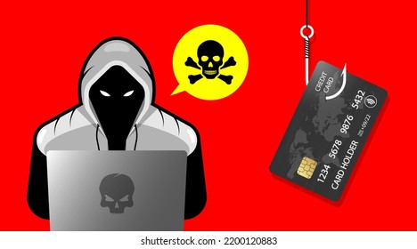 Hacker, Cyber criminal with laptop stealing user personal data. Hacker attack and web security. Internet phishing concept. Hacker in black hood with laptop trying to cyber attack. Programming Code