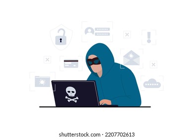 Hacker, Cyber criminal with laptop stealing user personal data. Hacker attack and web security concept. Vector illustration with glitch effect.