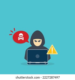 Hacker, Cyber criminal with laptop stealing user personal data. Hacker attack and web security. Internet phishing concept. Hacker in black hood with laptop trying to cyber attack.