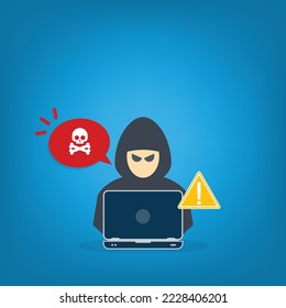 Hacker, Cyber criminal with laptop stealing user personal data. Hacker attack and web security. Internet phishing concept. Hacker in black hood with laptop trying to cyber attack.